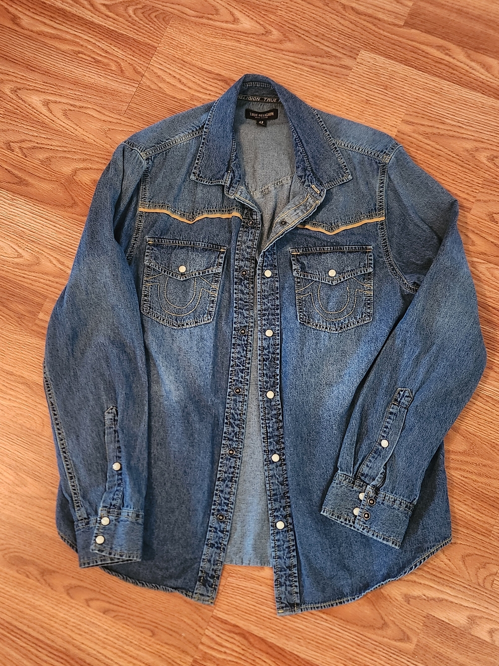 True Religion Men's Blue Denim Western Shirt Jacket with Contrast Trim